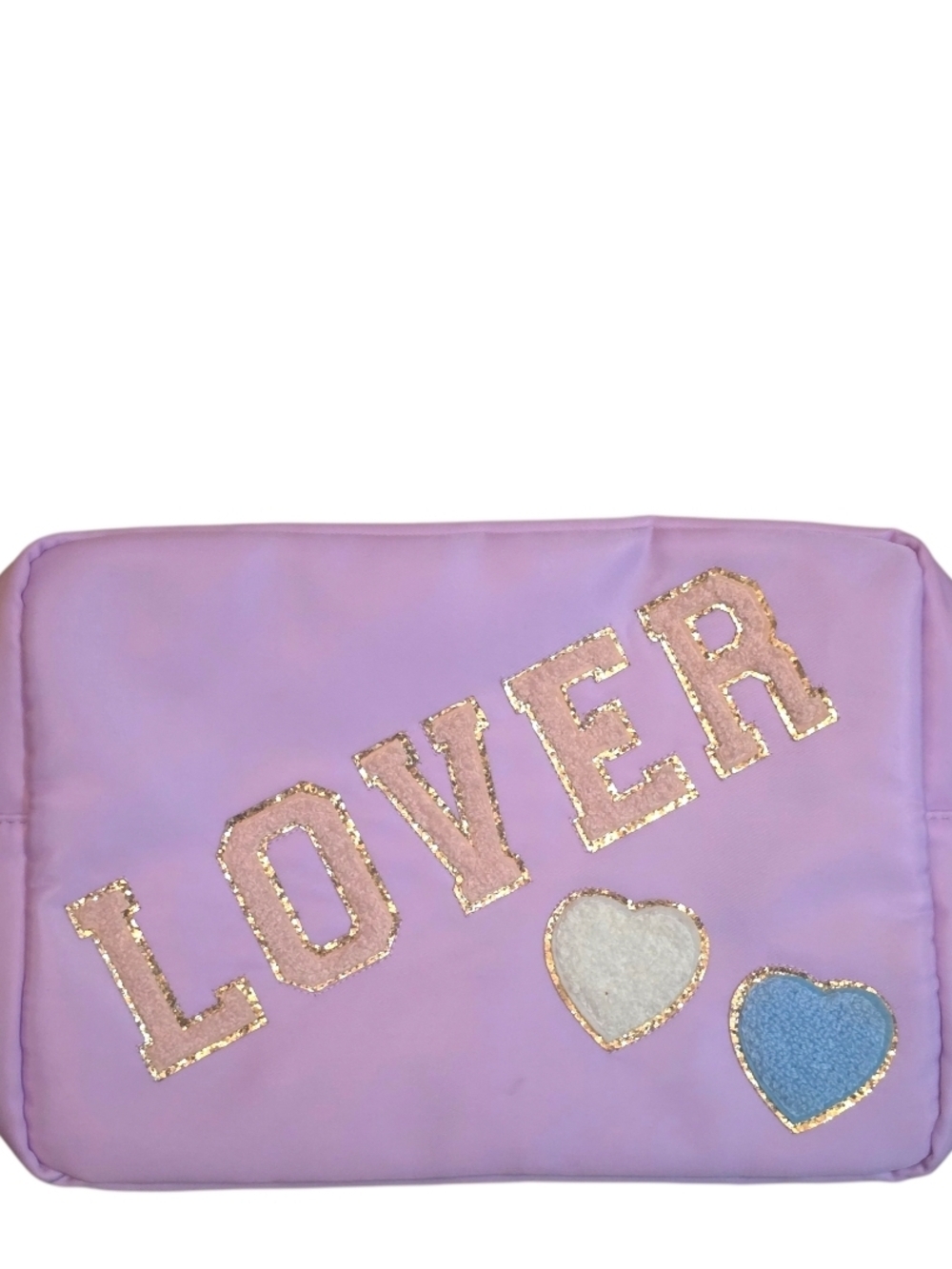 GB girls Lavender 'LOVER' Cosmetic Bag with Gold Trim and Blue & Cream Hearts